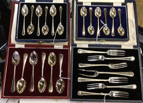3 Georgian silver spoons, three cased sets silver spoons & cased set silver cake forks